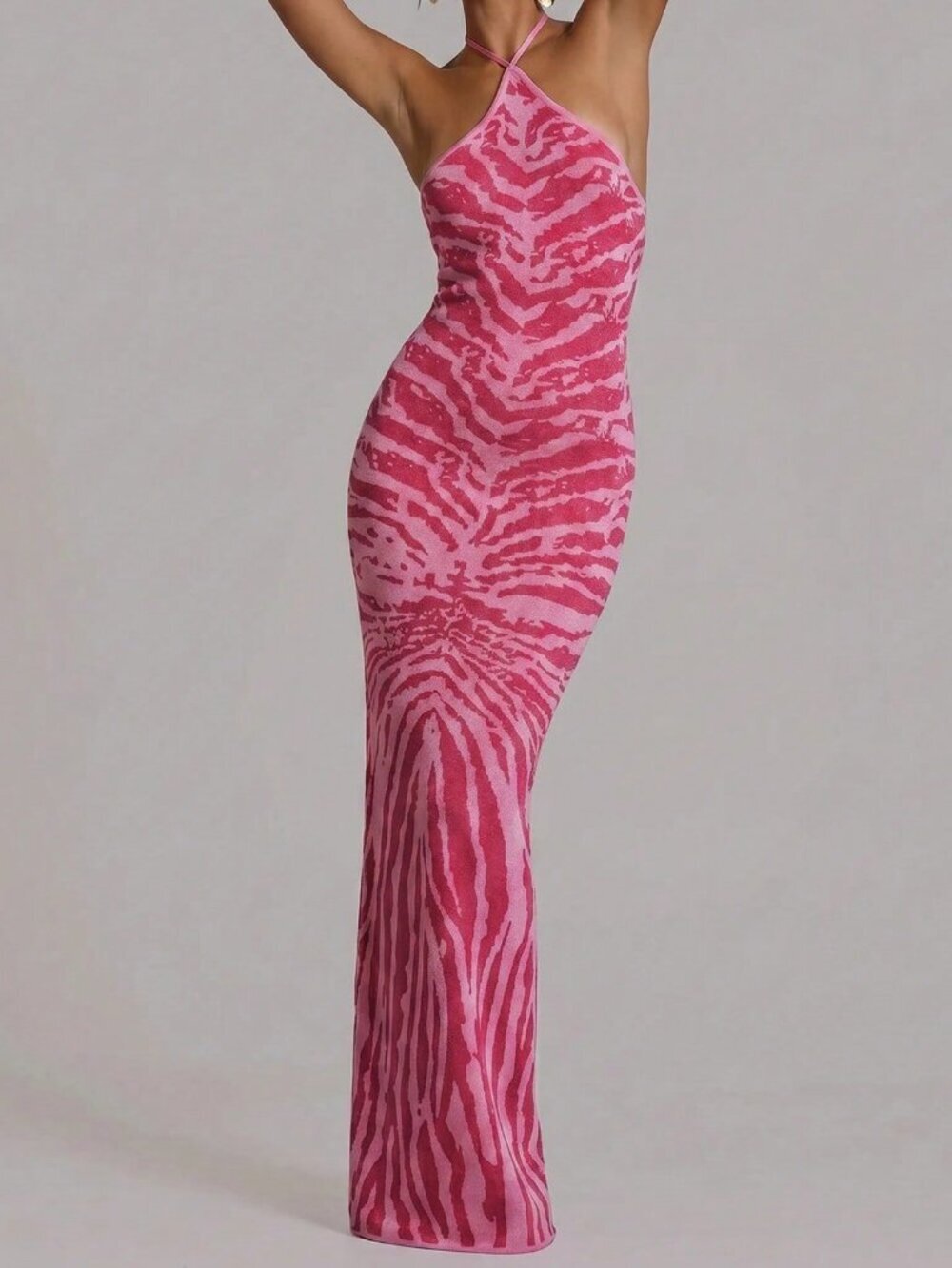 Pink Sexy Women's Fitted Knit Halterneck Maxi Dress - Picture 3 of 6